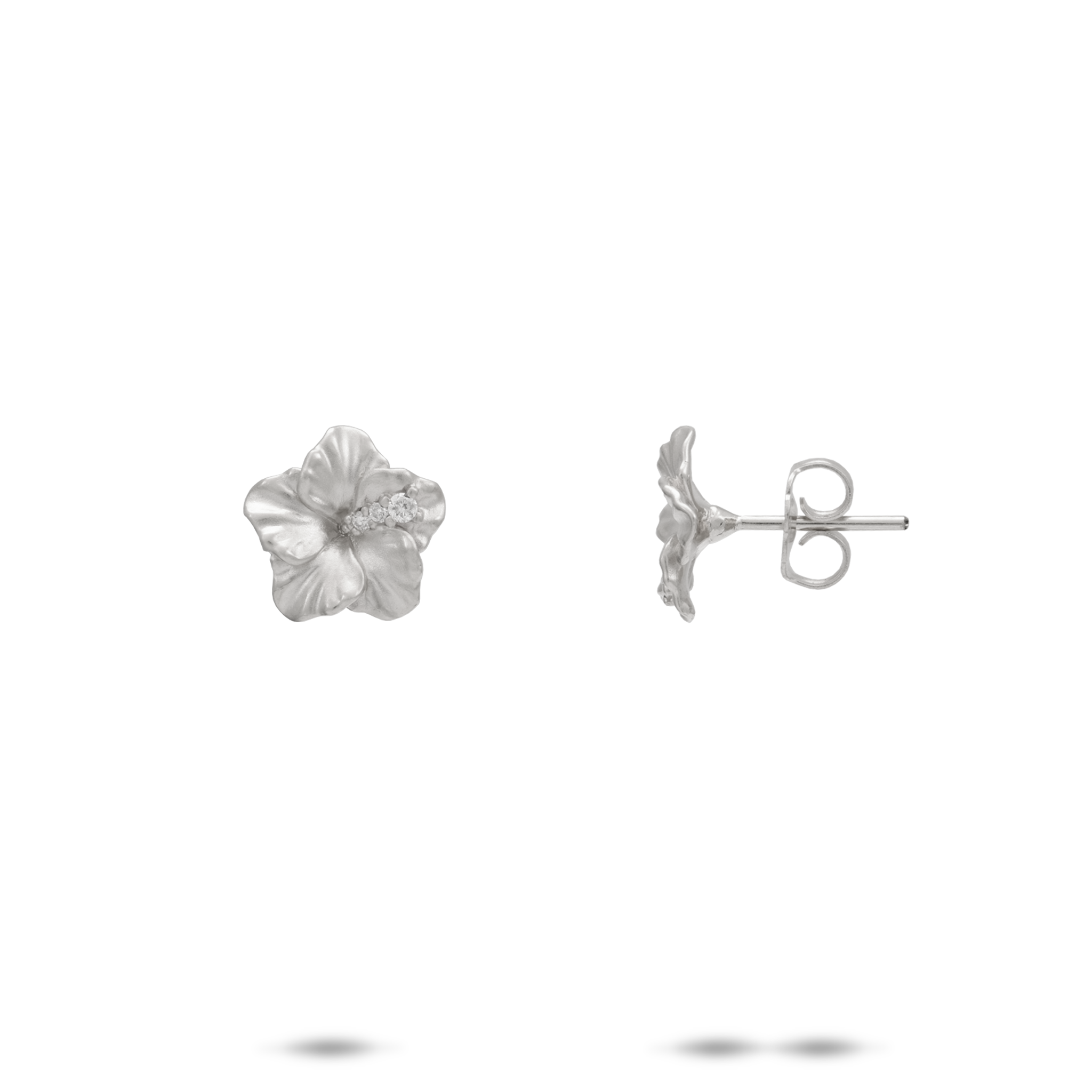 Hawaiian Gardens Hibiscus Earrings in White Gold with Diamonds - 9.5mm