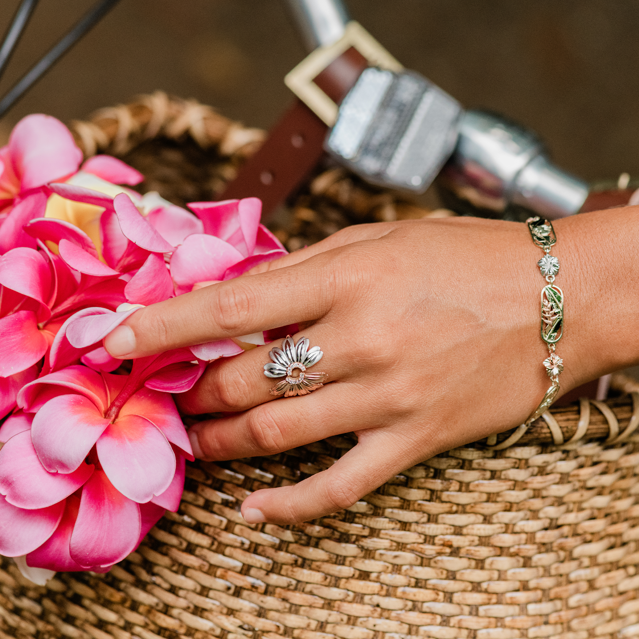 Beach & Mountain Naupaka Ring in Tri Color Gold with Diamonds