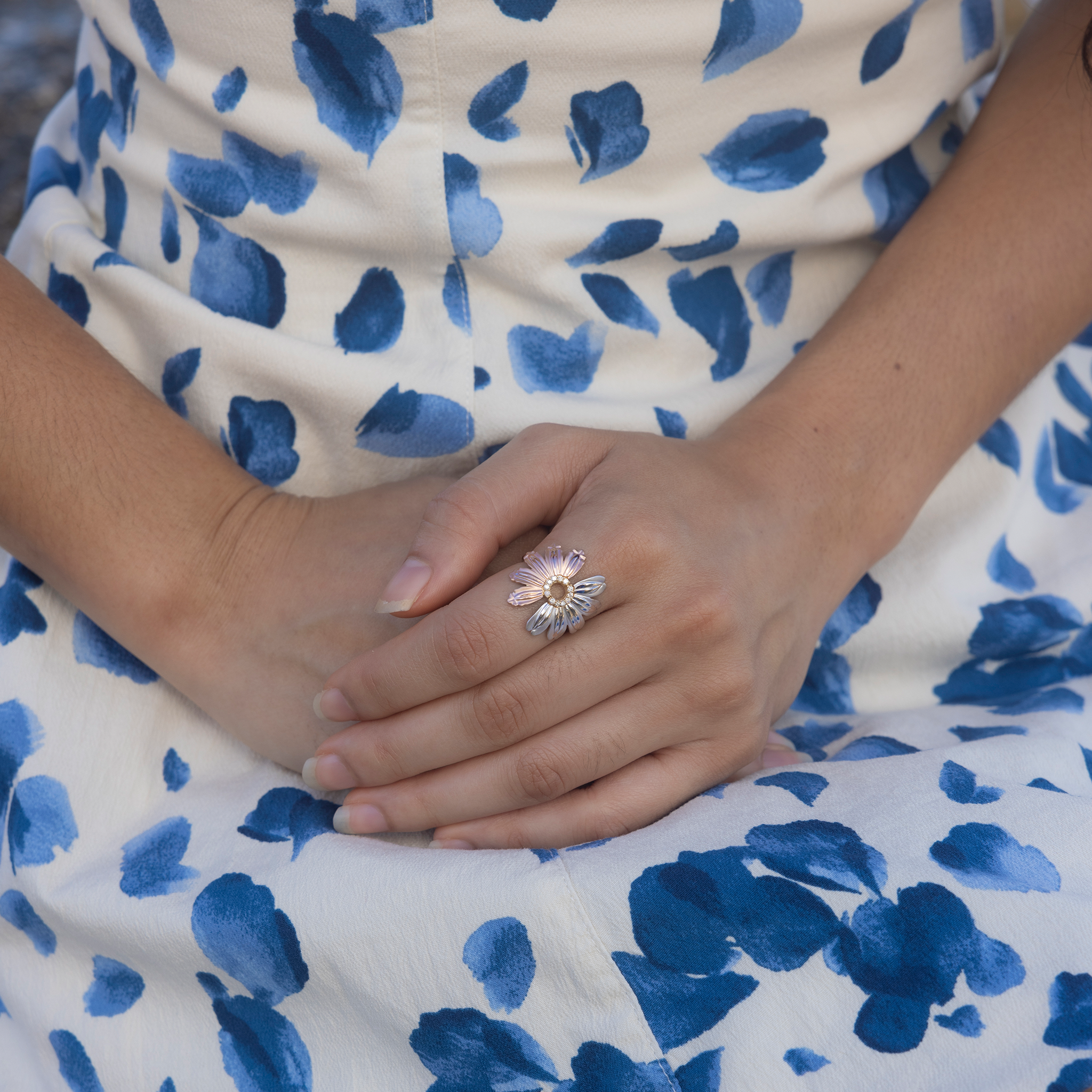 Beach & Mountain Naupaka Ring in Tri Color Gold with Diamonds