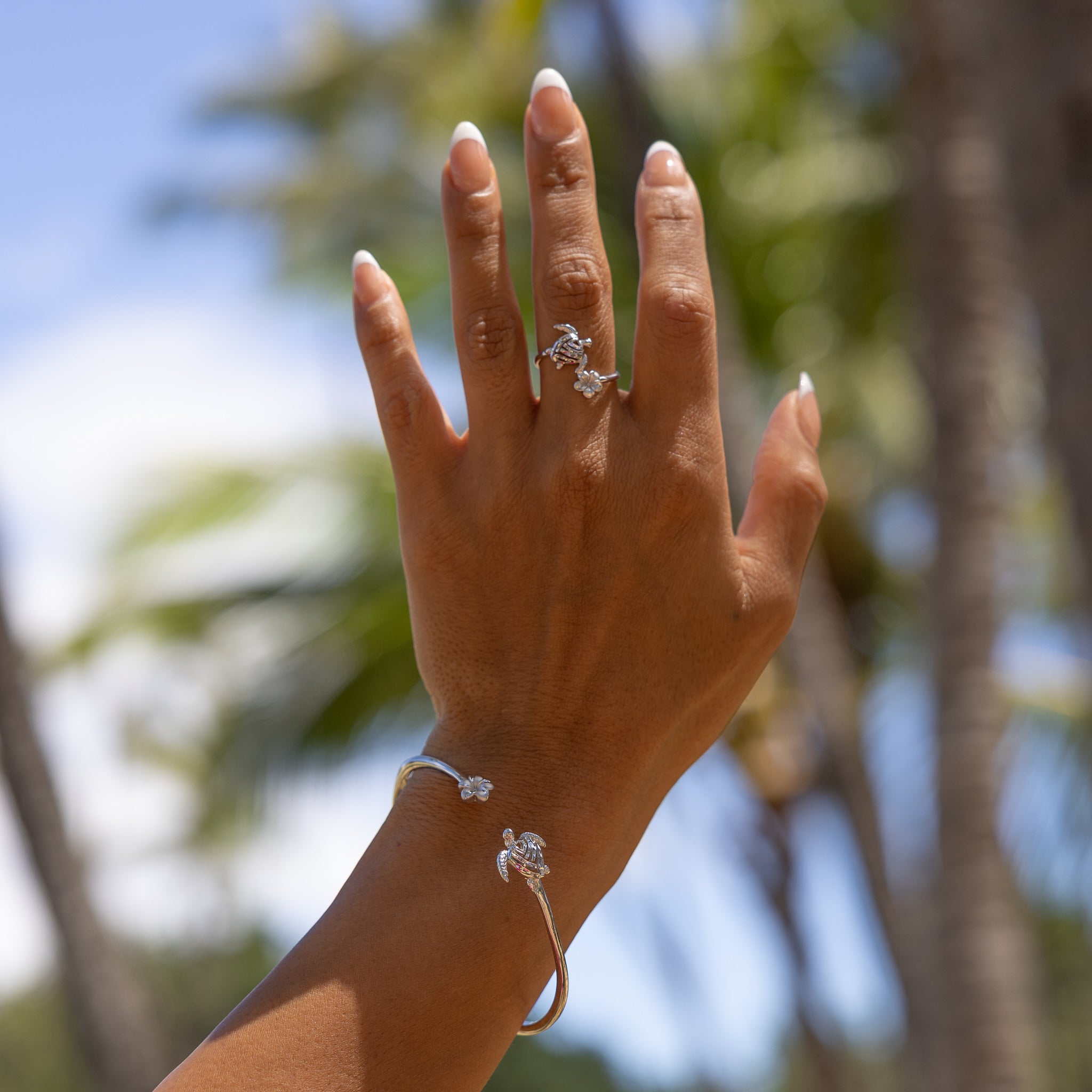 Sterling Silver gold plated honu hotsell Turtle petrograph plumeria flower cuff Bangle