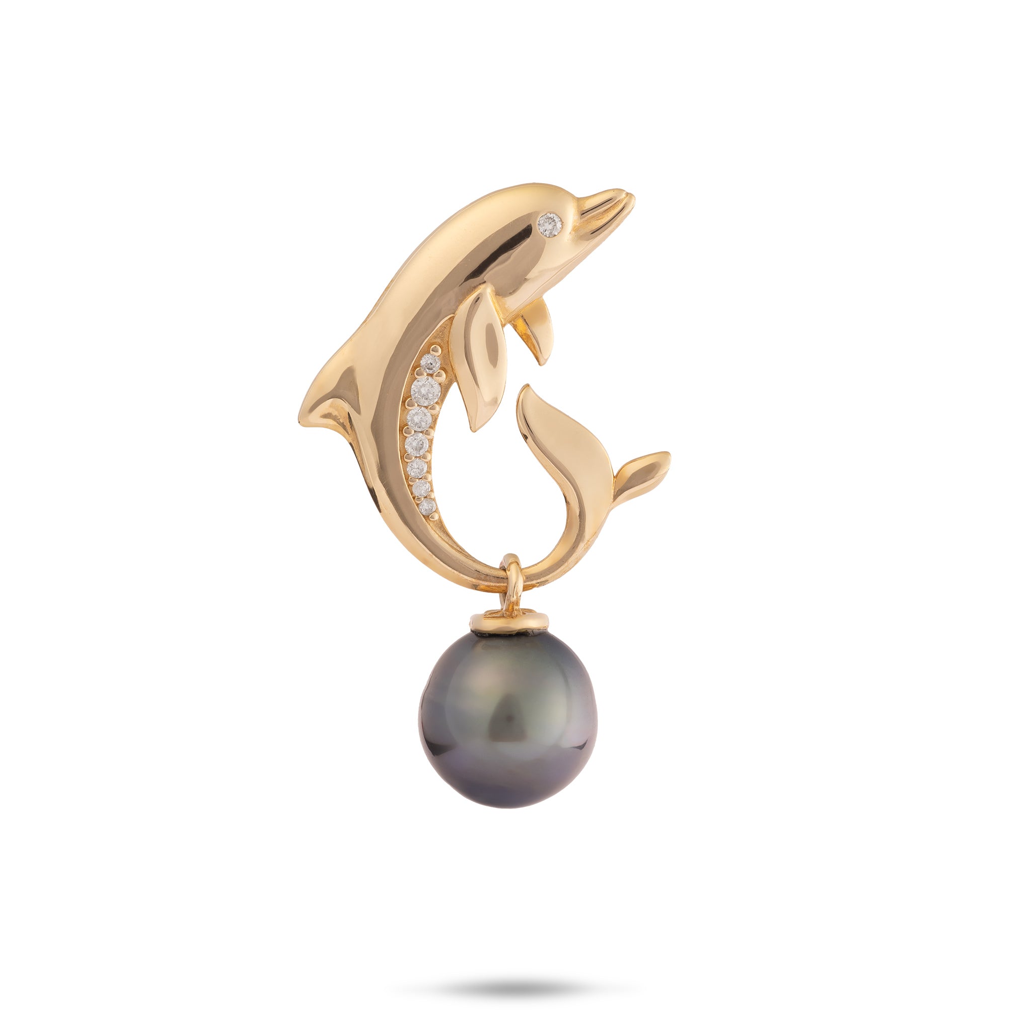 Ocean Dance Dolphin Tahitian Black Pearl Pendant in Gold with Diamonds - 9-10mm