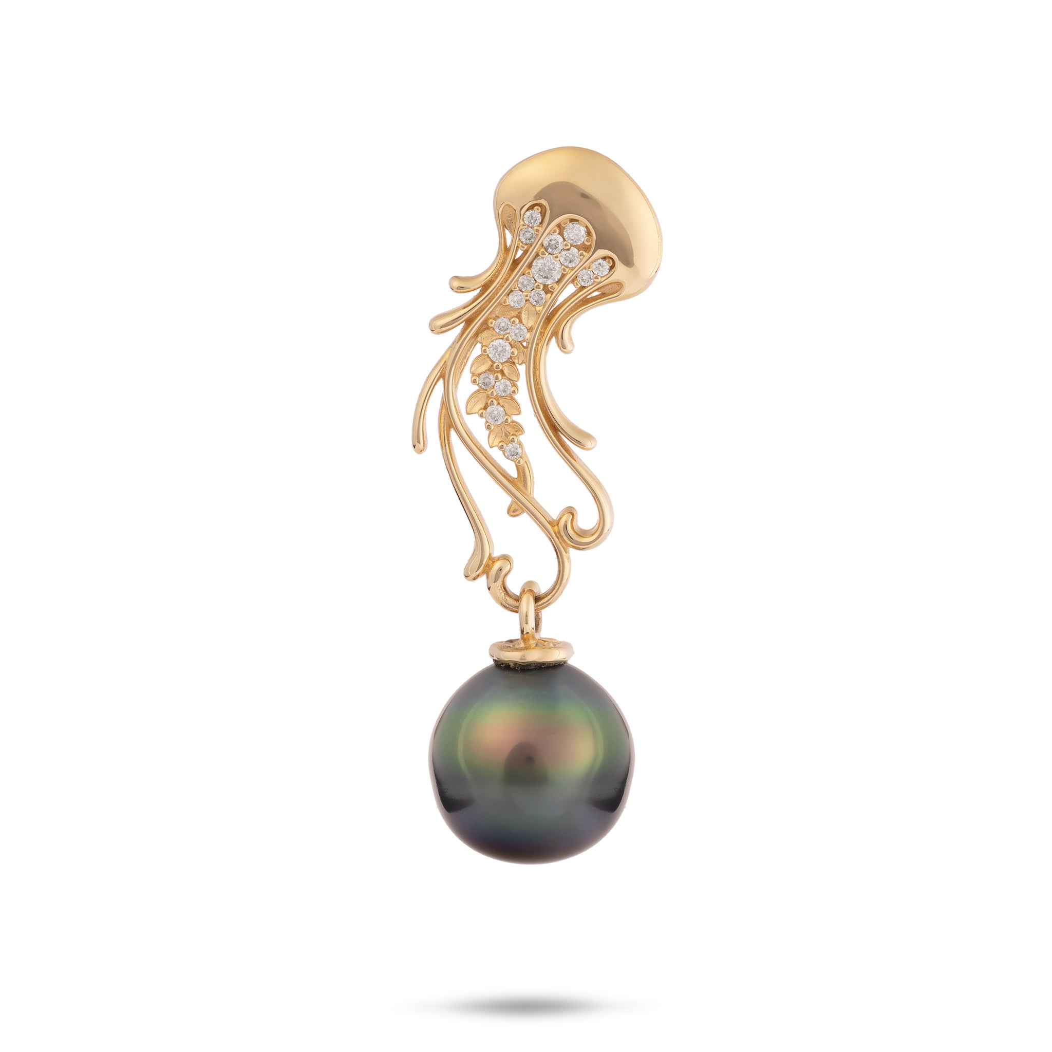 Ocean Dance Jellyfish Tahitian Black Pearl Pendant in Gold with Diamonds - 9-10mm