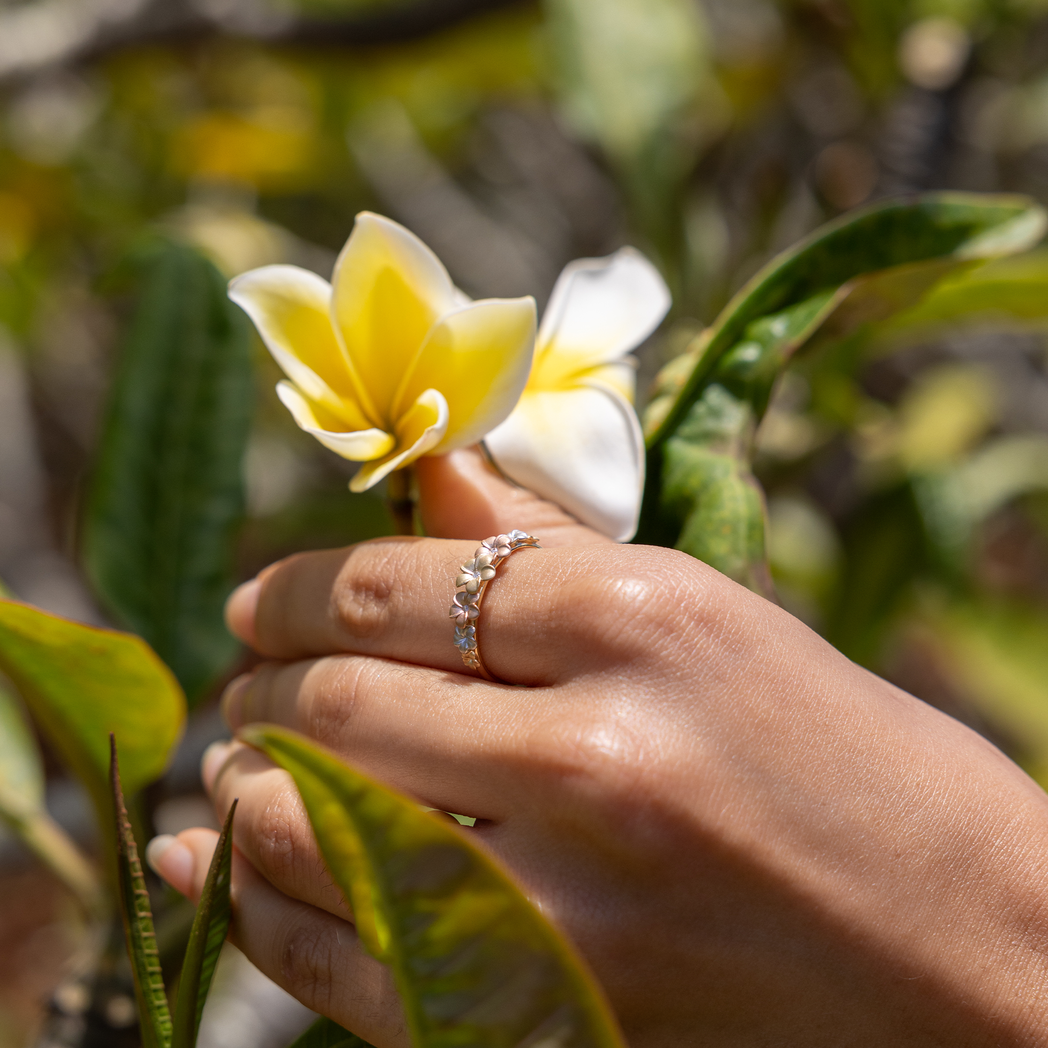 Plumeria-Ring aus dreifarbigem Gold mit Diamanten – 6 mm