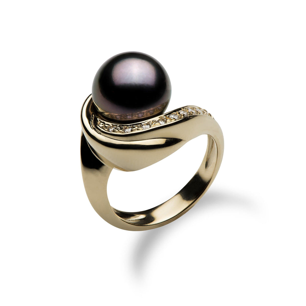 Tahitian Black Pearl Ring in Yellow Gold with Diamonds - 006-14622