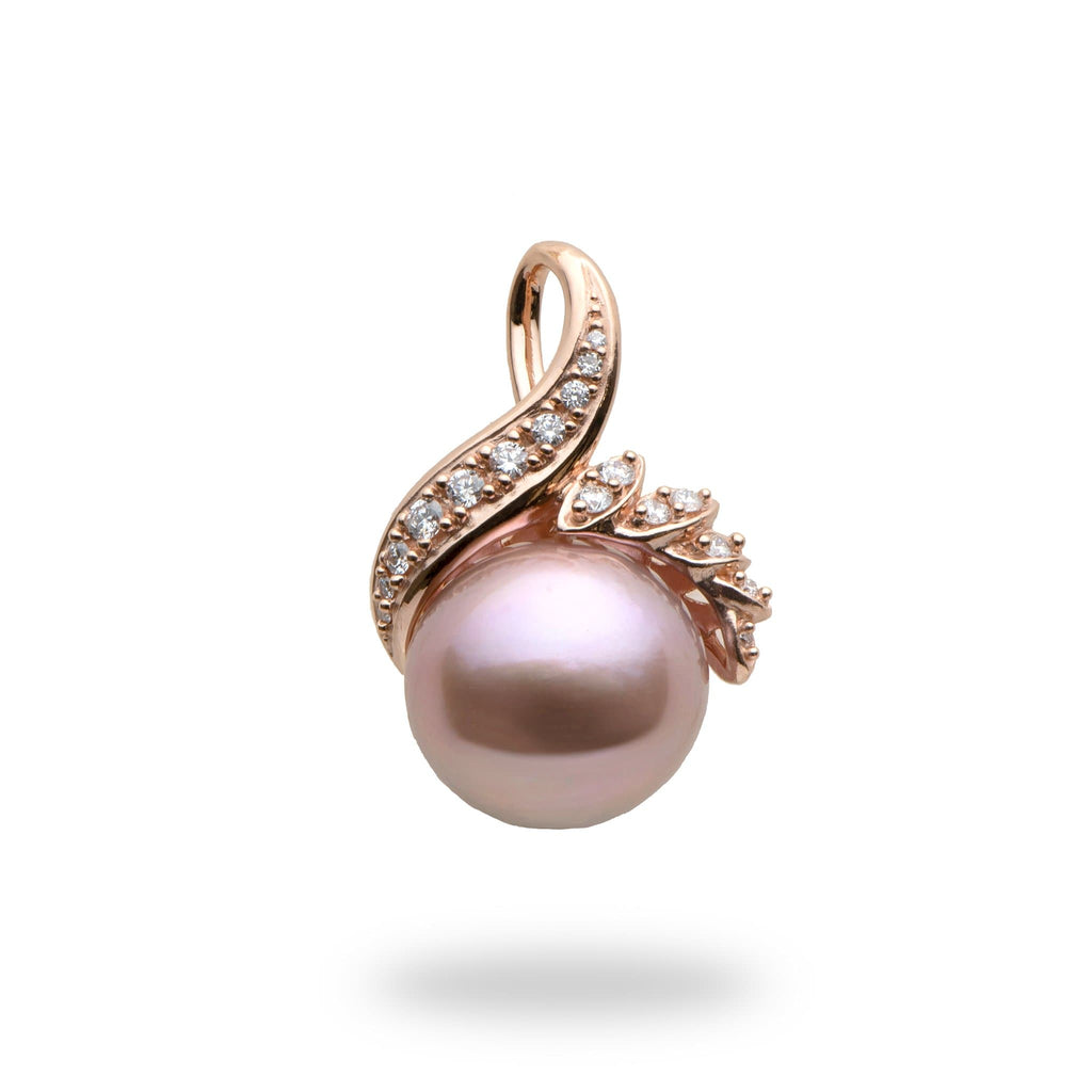 14K Rose Gold Pink Freshwater Cultured Windsor Pearl and Diamond Trio Leaf  Pendant (13.0-14.0mm)