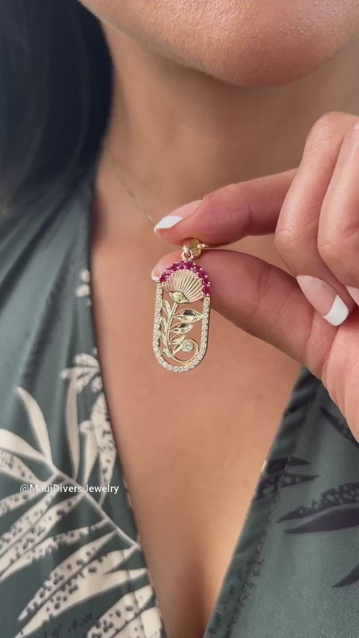 ʻŌhiʻa Lehua Ruby Pendant in Two Tone Gold with Diamonds - 27.5mm