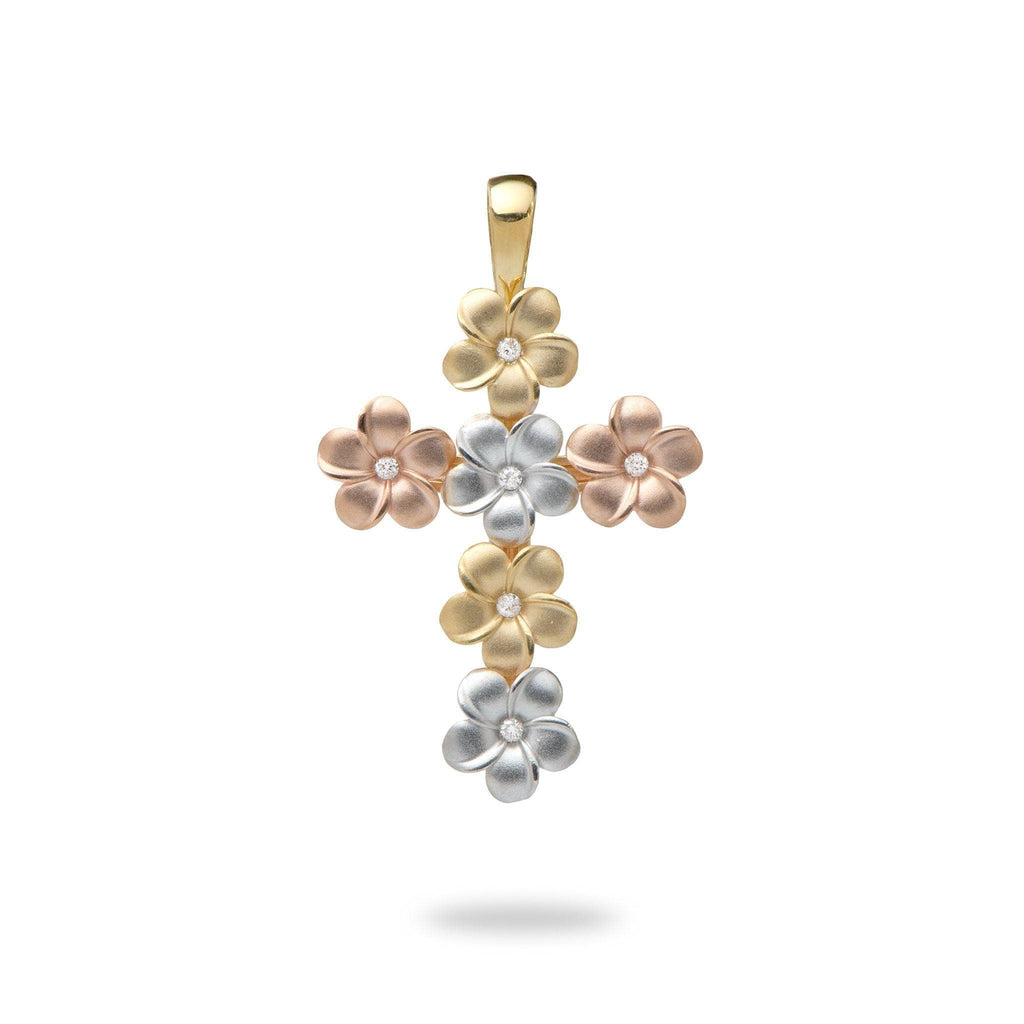 Plumeria Cross Pendant with Diamonds in Tri Color Gold - 25mm