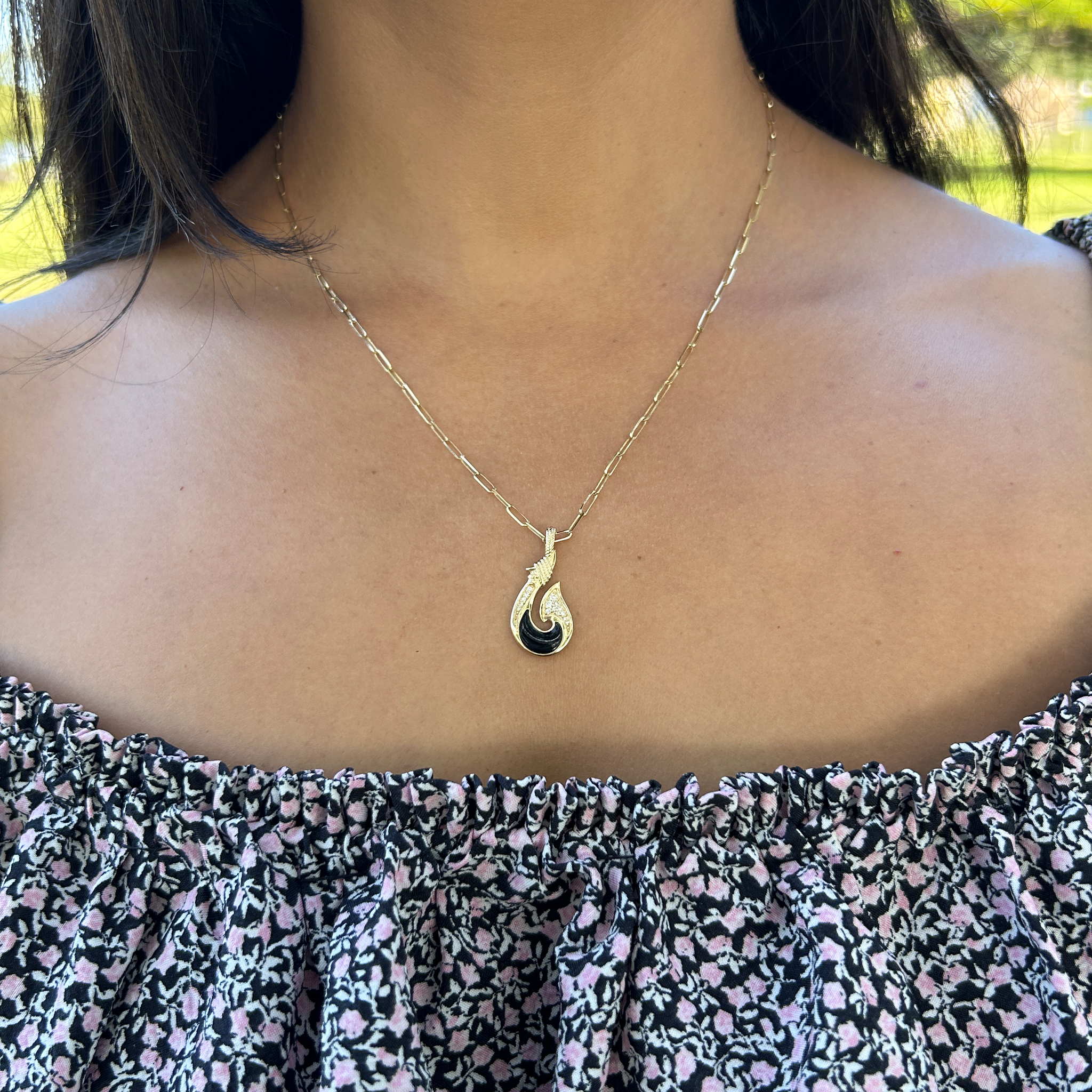 unisex Fish Hook Black Coral Pendant in Gold with Diamonds- Made in Hawaii