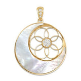 Pink Mother of Pearl Pendant with Diamond Moon & Stars Yellow Gold