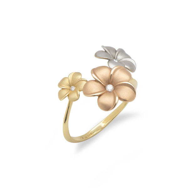 Plumeria Ring in Tri Color Gold with Diamonds - 12mm